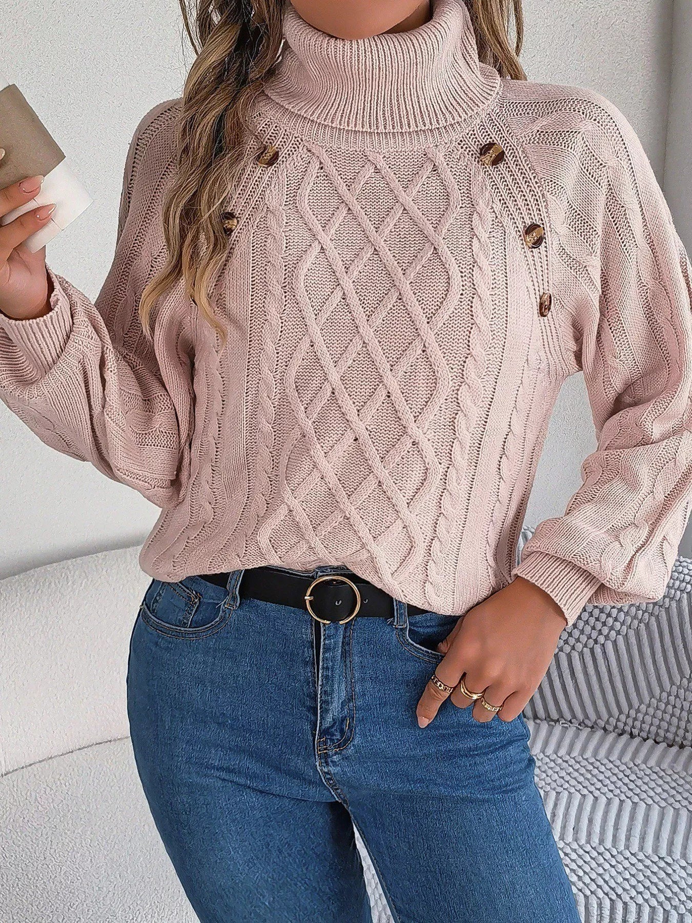 Cable Knit Turtleneck Long Sleeve Sweater 