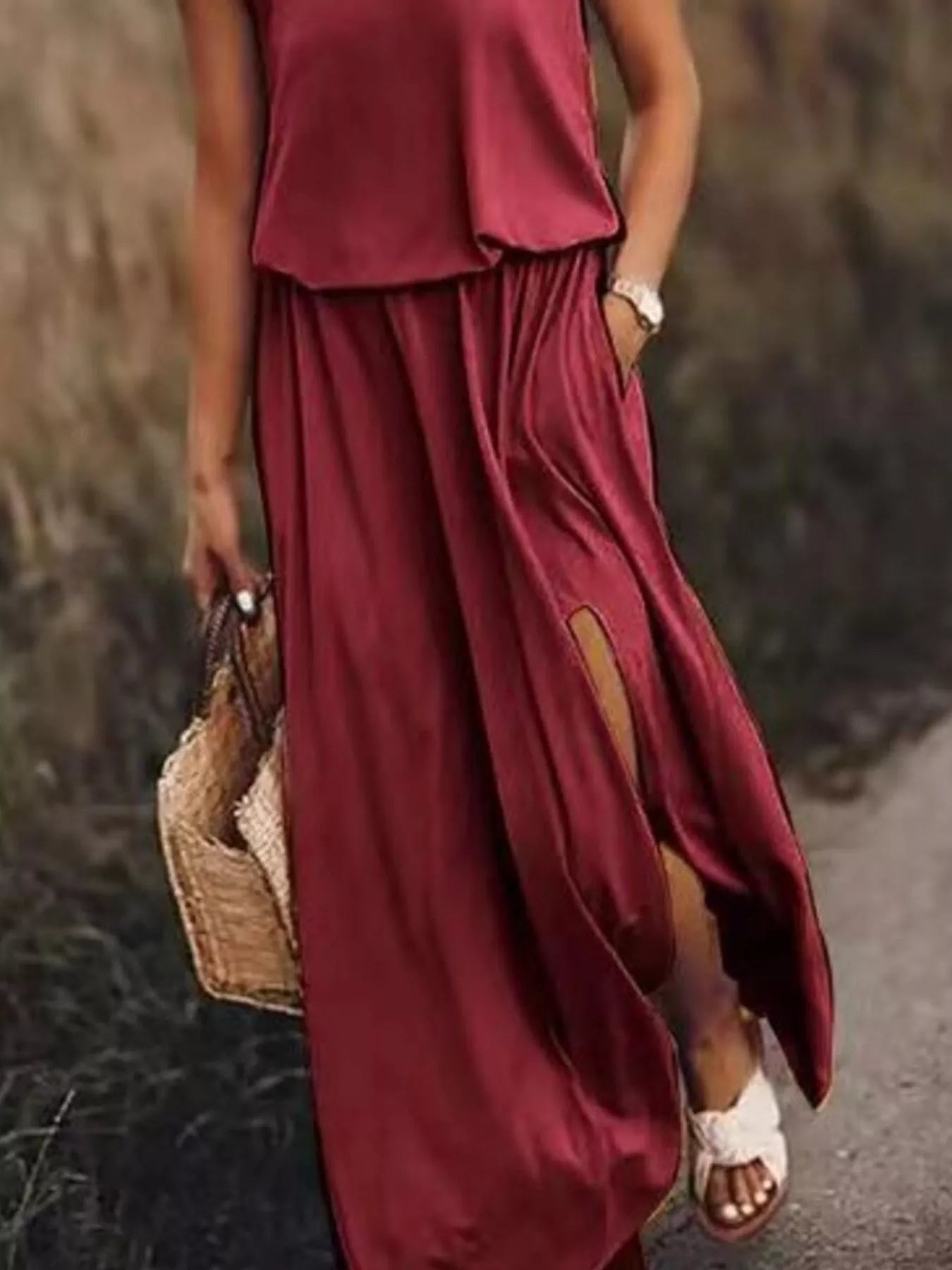 Full Size Round Neck Sleeveless Slit Maxi Dress Plus Size 