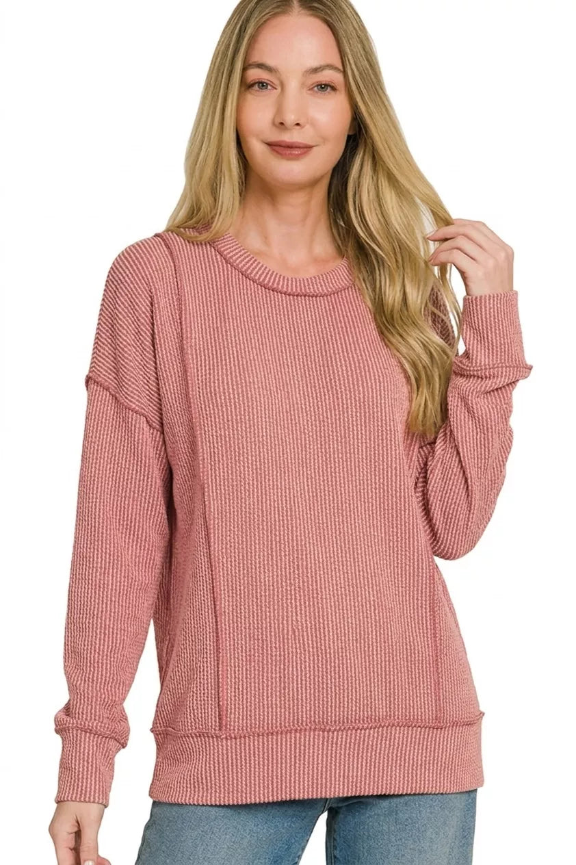 Zenana Corded Rib Long Sleeve Round Neck Top 