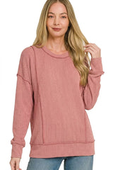 Zenana Corded Rib Long Sleeve Round Neck Top 