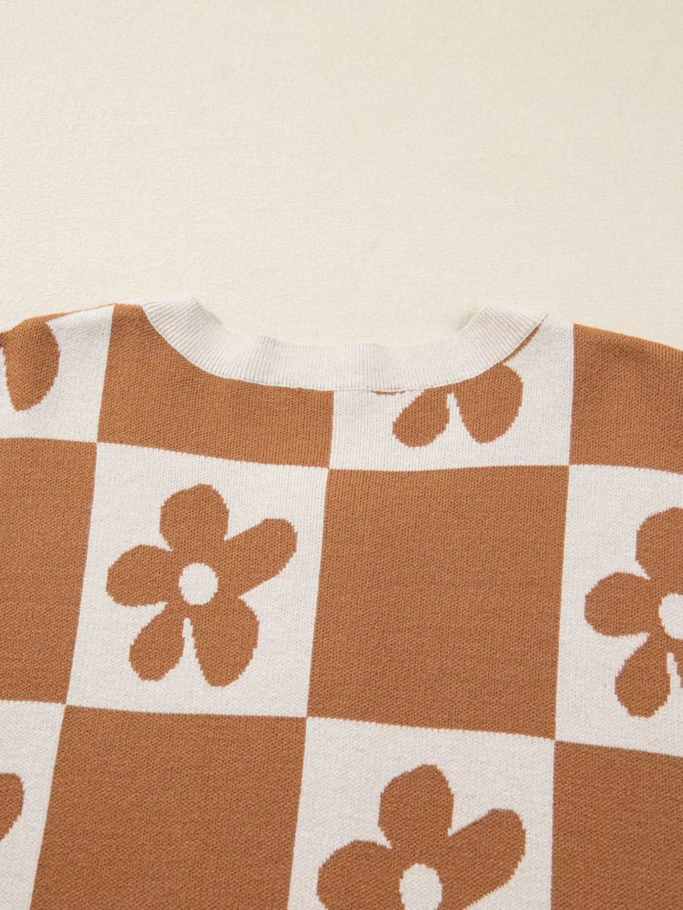 Flower Plaid Henley Baggy Sweater 