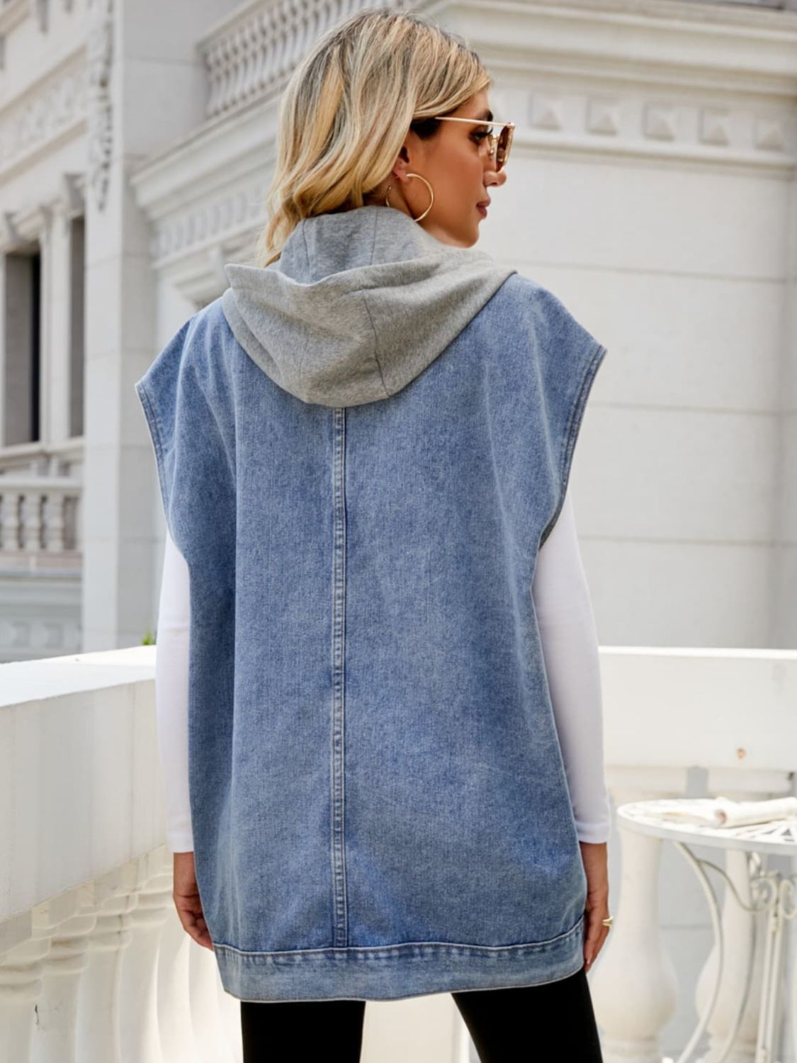 Hooded Sleeveless Denim Top with Pockets 