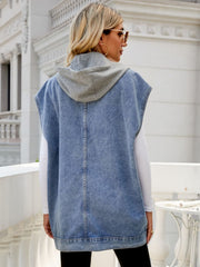 Hooded Sleeveless Denim Top with Pockets 