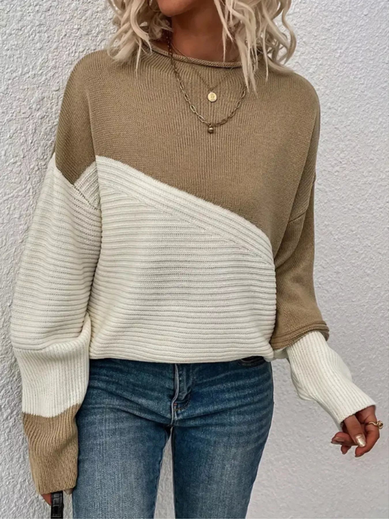 Color Block Ribbed Knit Sweater 