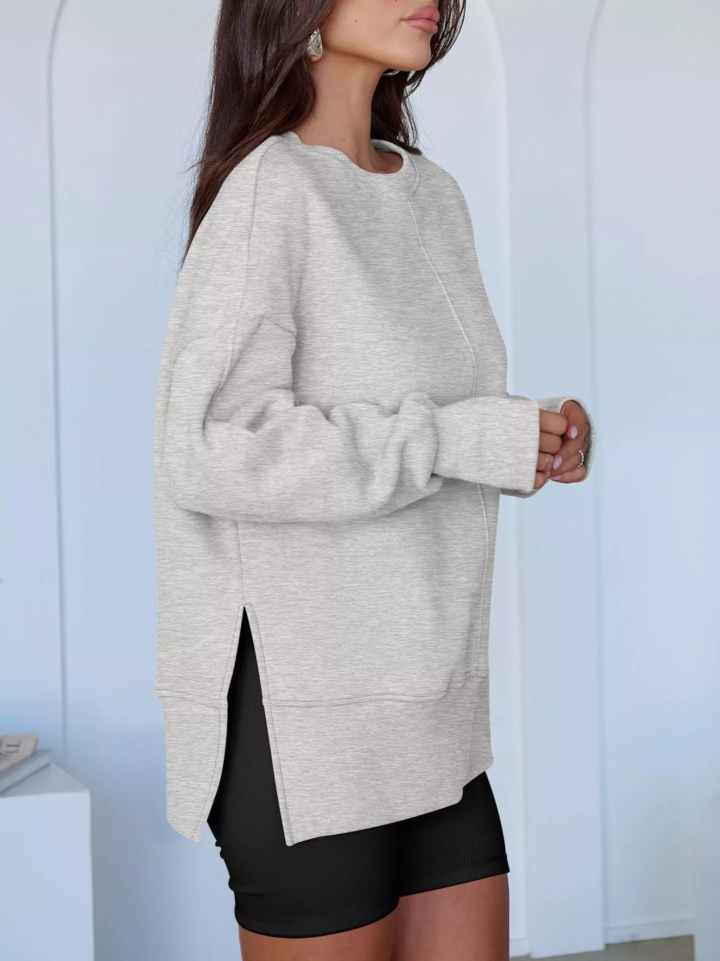 Side Slit Round Neck Long Sleeve Sweatshirt 