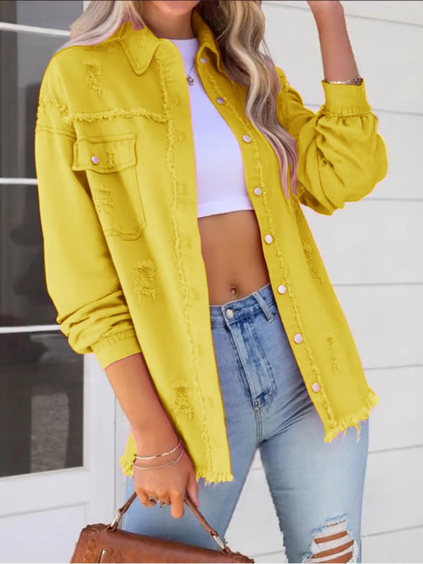 Distressed Denim Jacket with Frayed Edges 