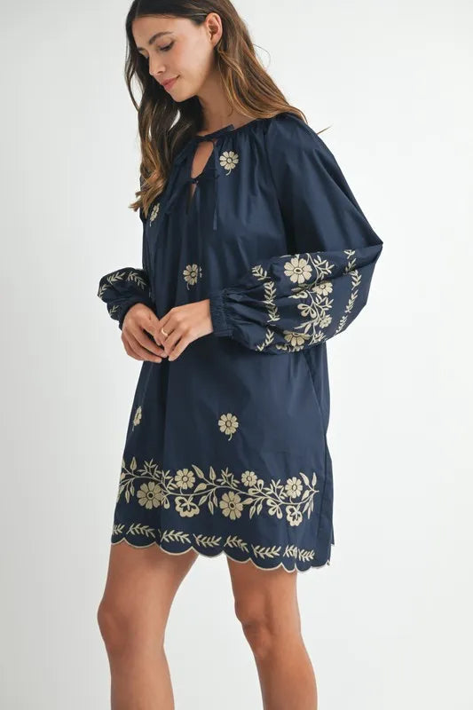 MABLE Embroidered Long Sleeve Peasant Mini Dress 