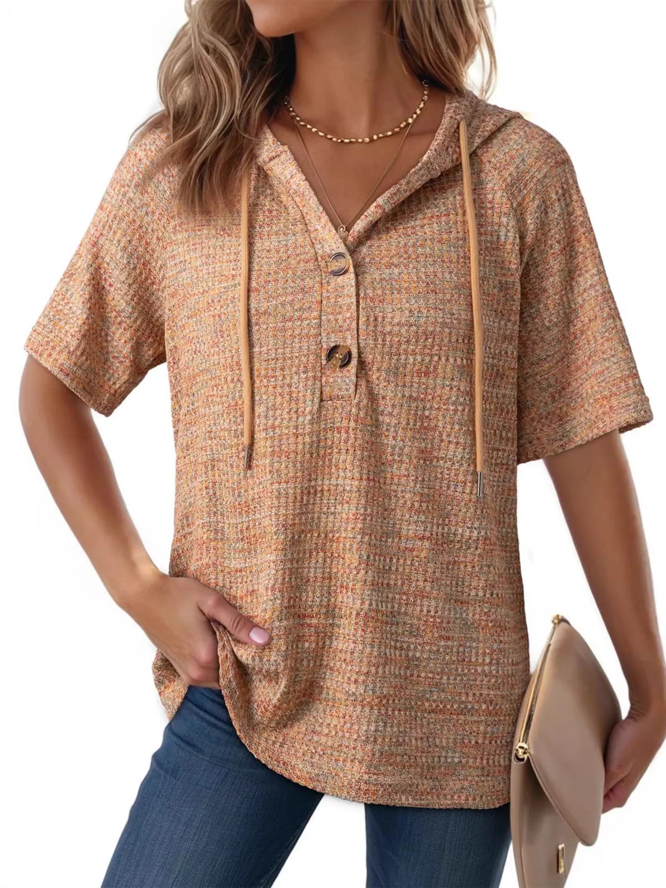Drawstring Short Sleeve Hooded Top 