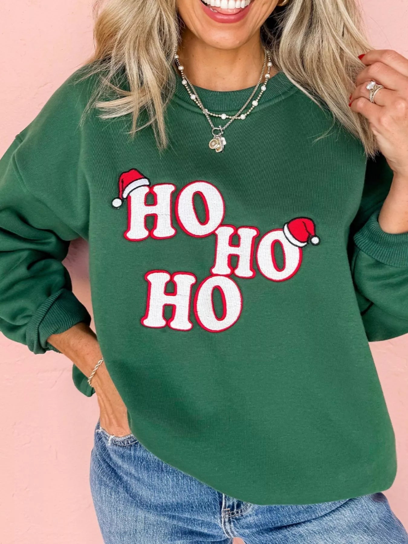 Embroidered Letter Christmas Round Neck Sweatshirt 