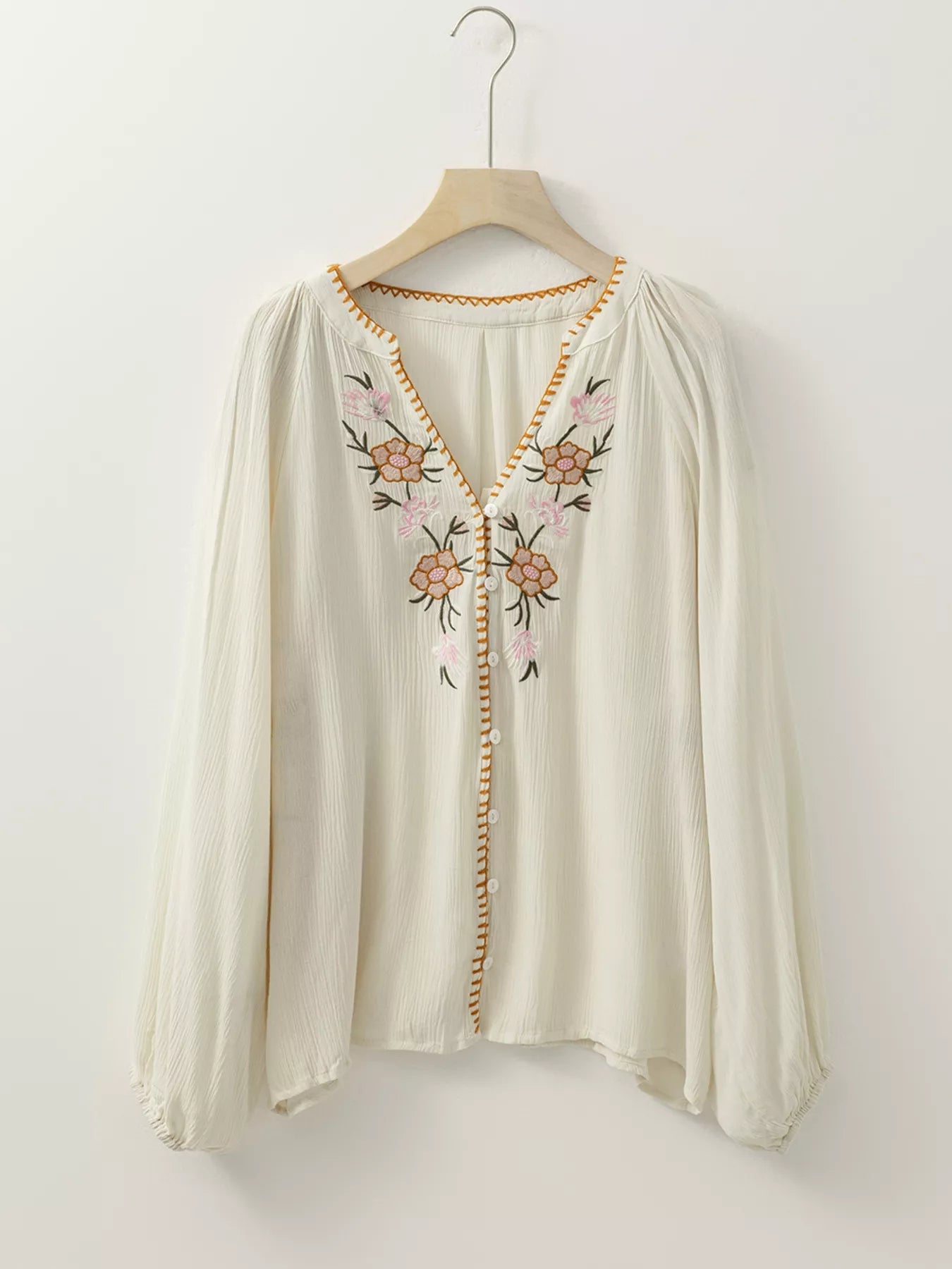 Floral Embroidered Textured Puff Sleeve Loose Shirt 