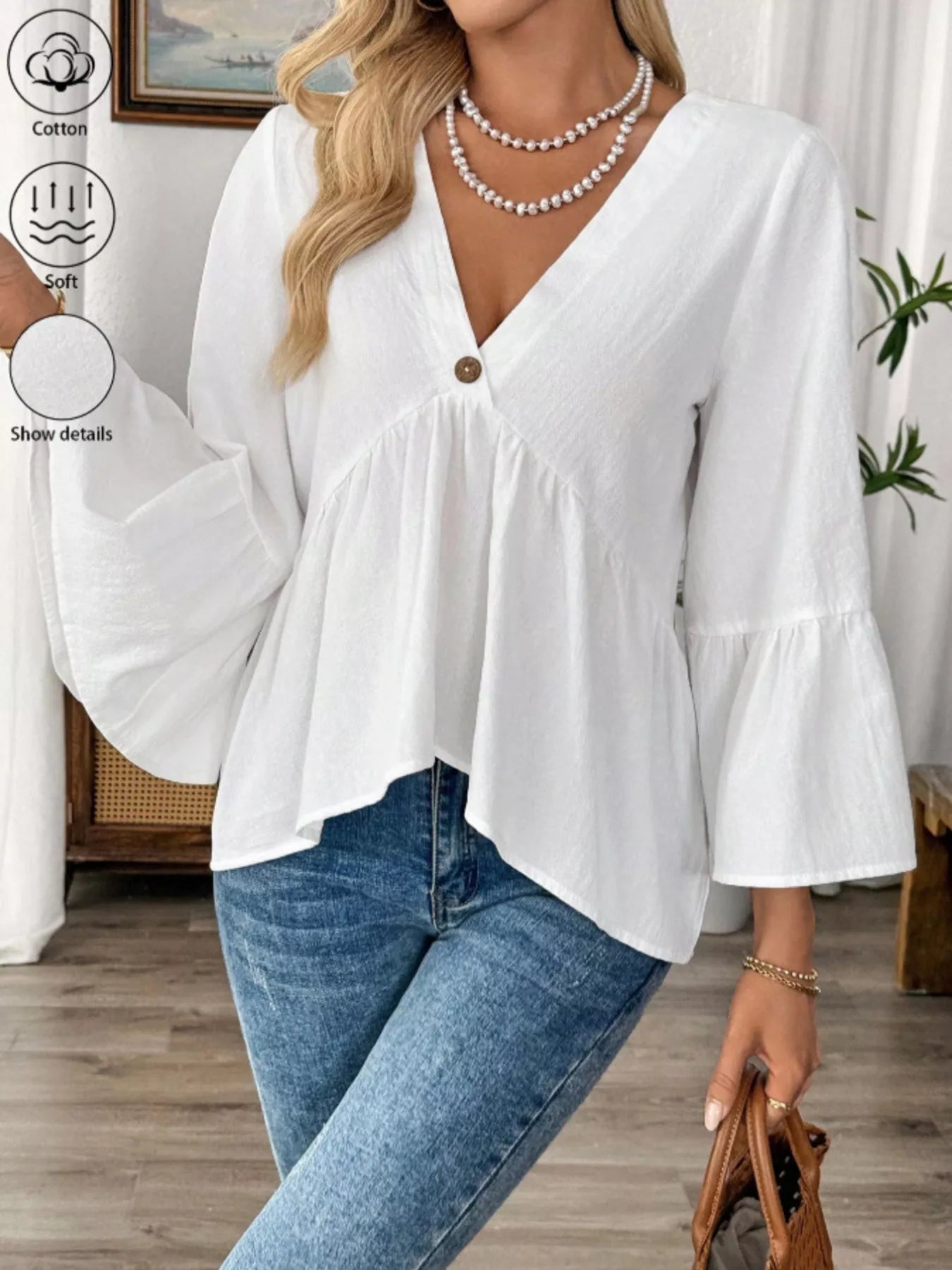 V-Neck Bell Sleeve Blouse 