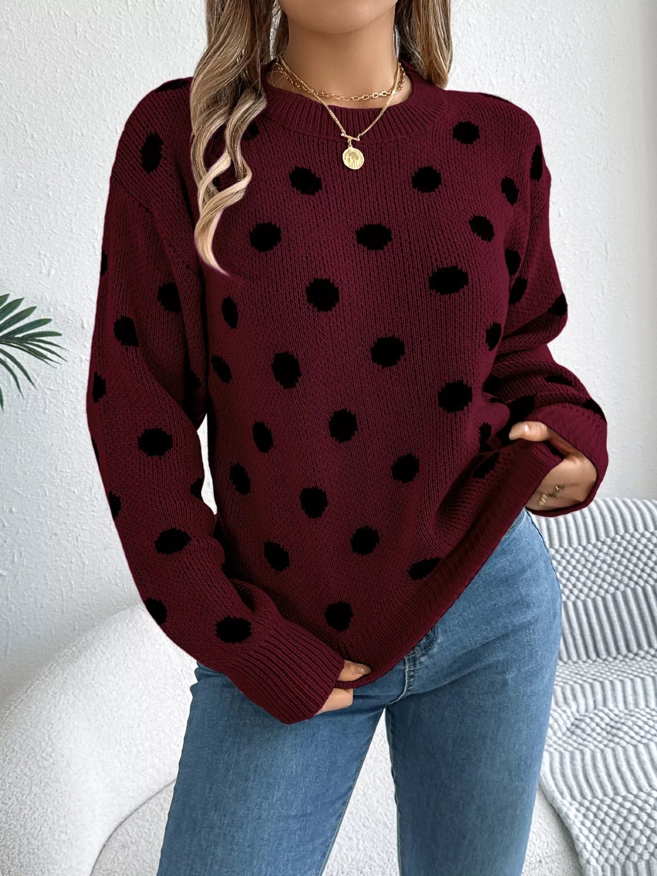 Polka Dot Round Neck Sweater 