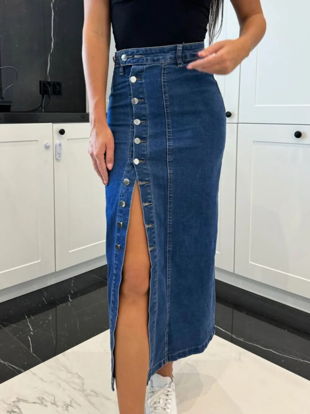 Front Button Slit Midi Denim Skirt 