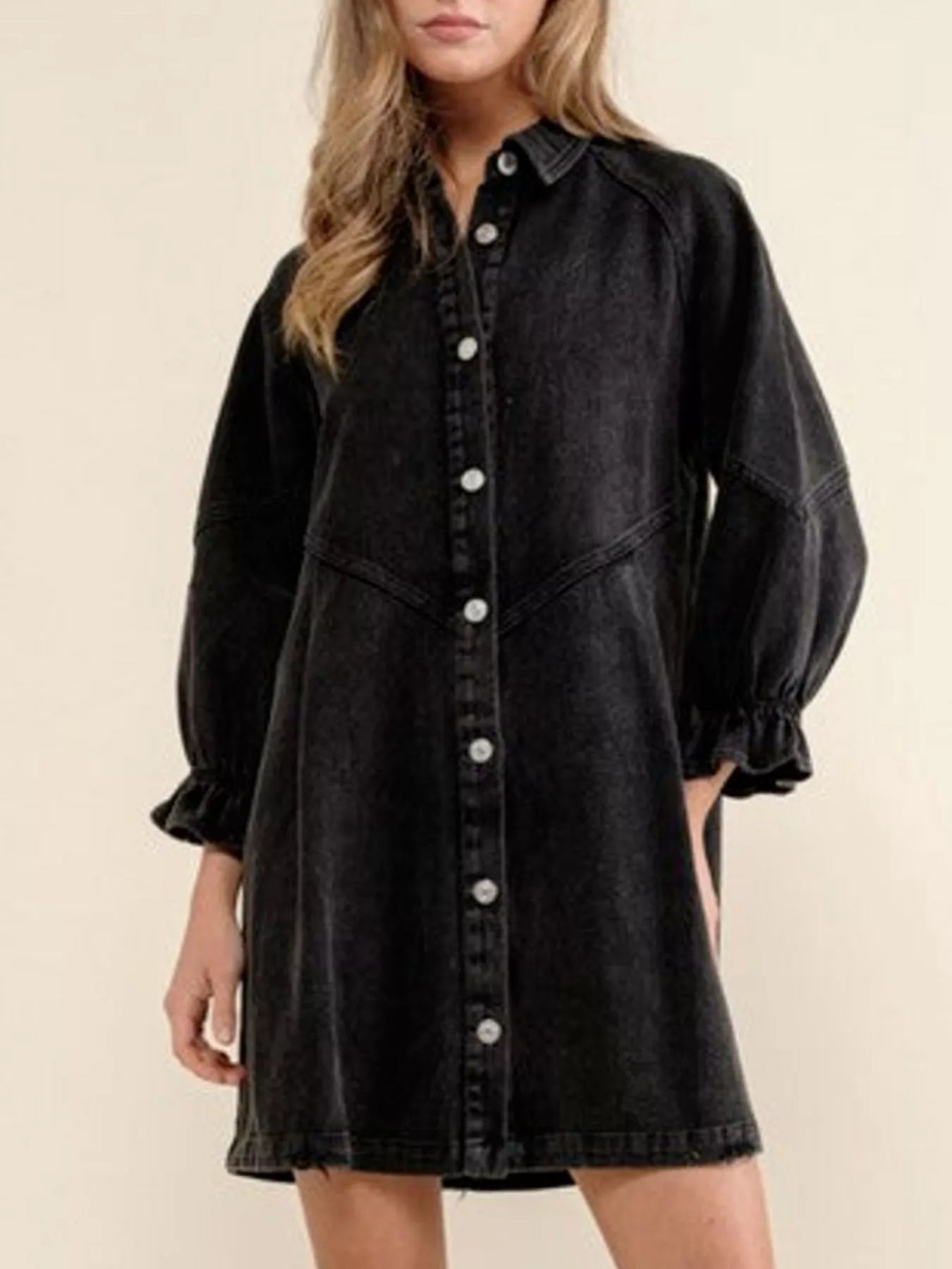 Ruffled Cuff Button-Down Denim Dress 