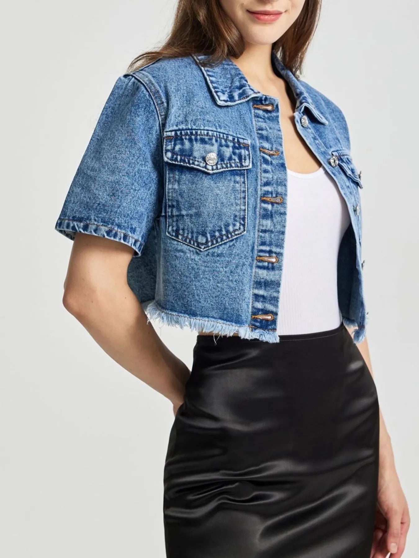 Cropped Short Sleeve Denim Jacket with Frayed Hem 