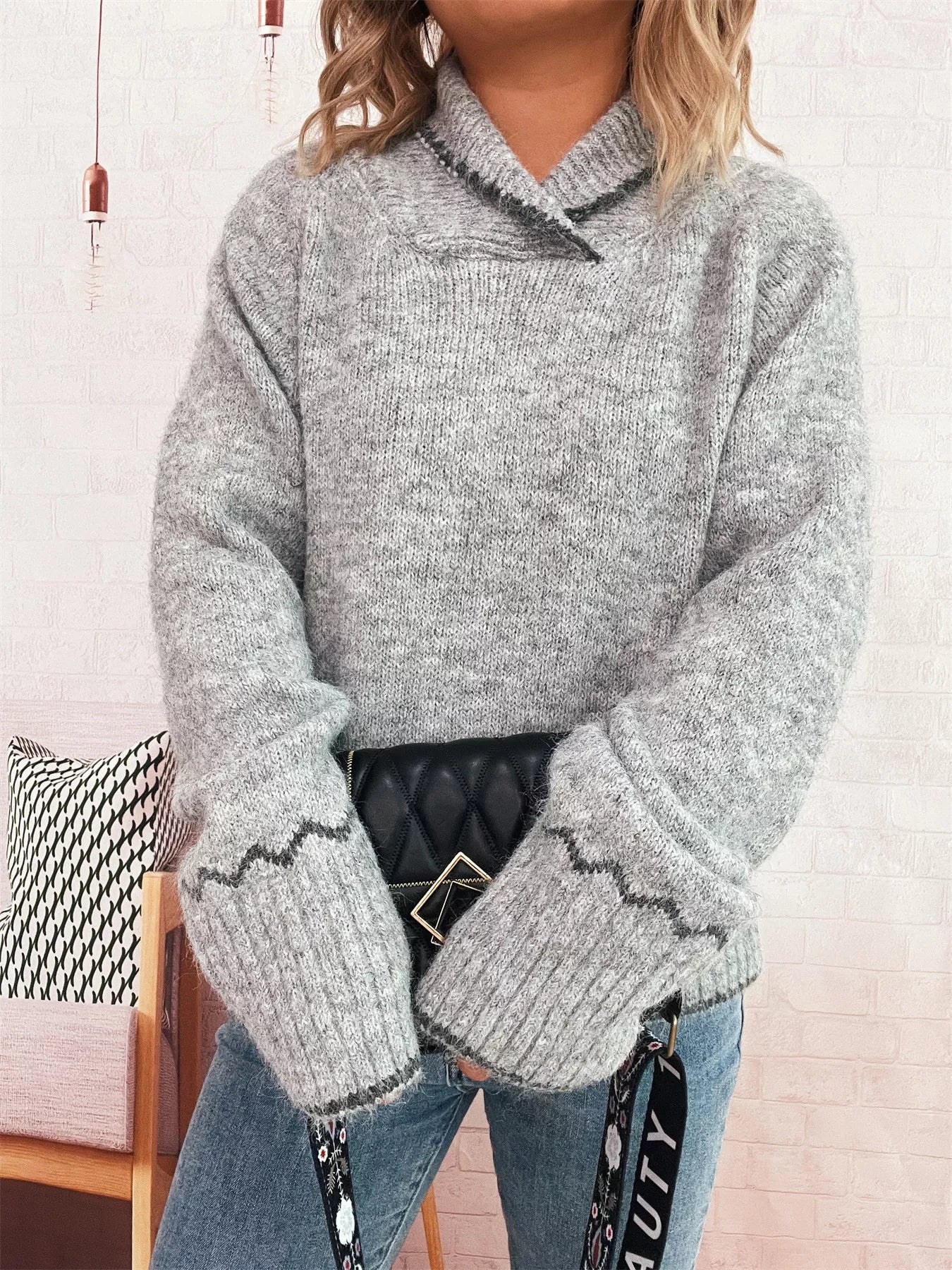 Ribbed Contrast Trim Long Sleeve Sweater 