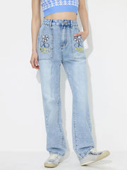 Flower High Rise Straight Leg Jeans with Pockets 
