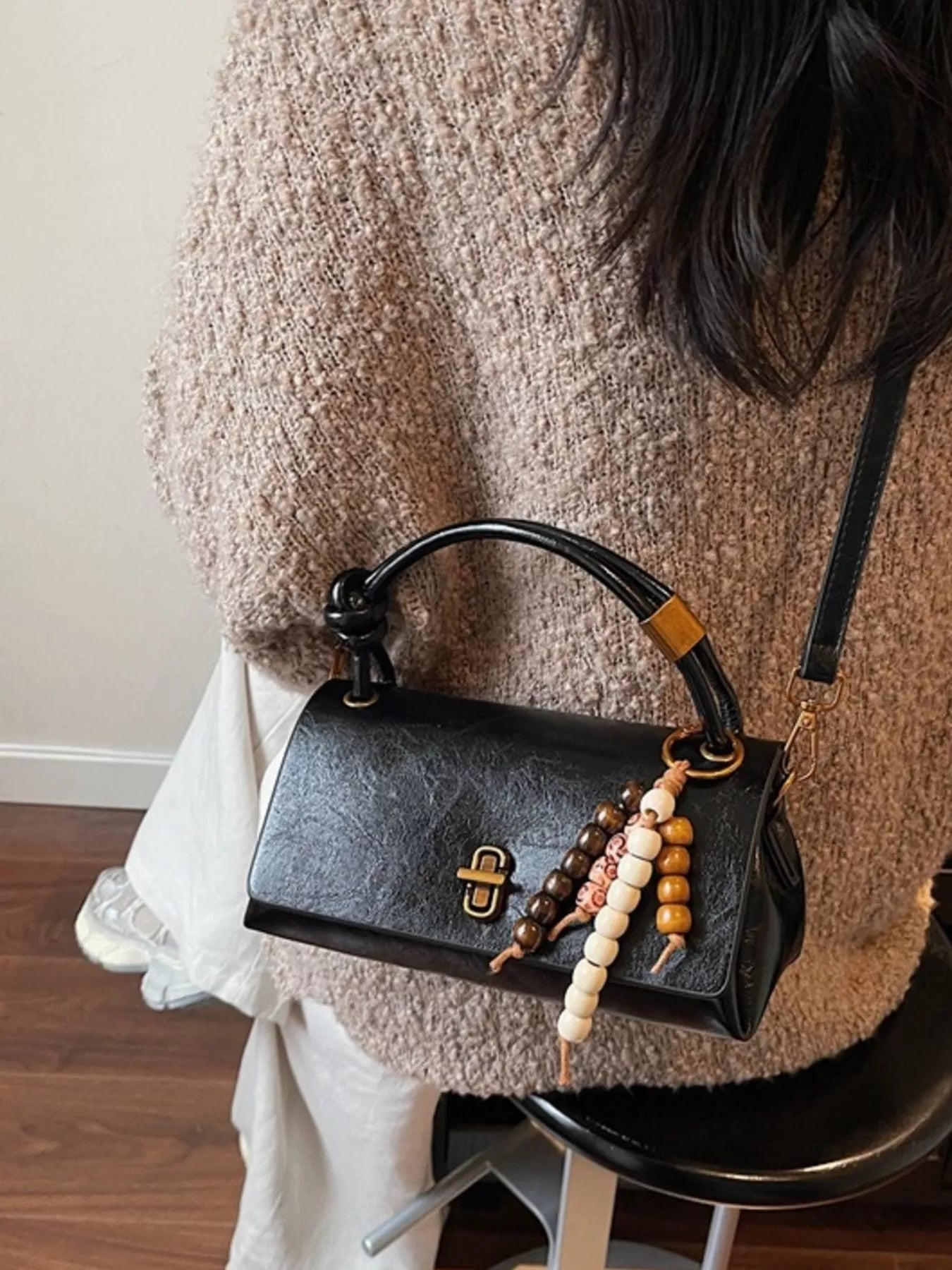 Leather Crossbody Bag with Bead Charm 