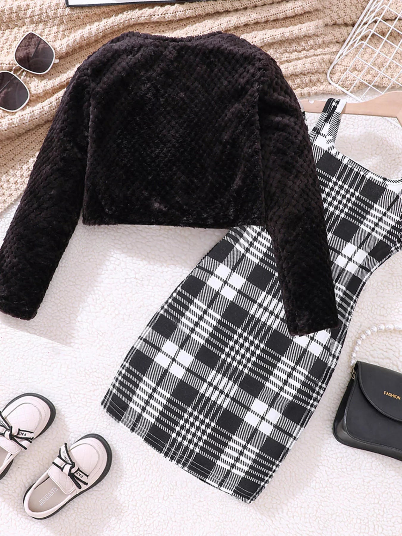 Children's Fuzzy Cardigan & Plaid Dress Set 