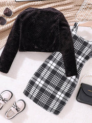 Children's Fuzzy Cardigan & Plaid Dress Set 