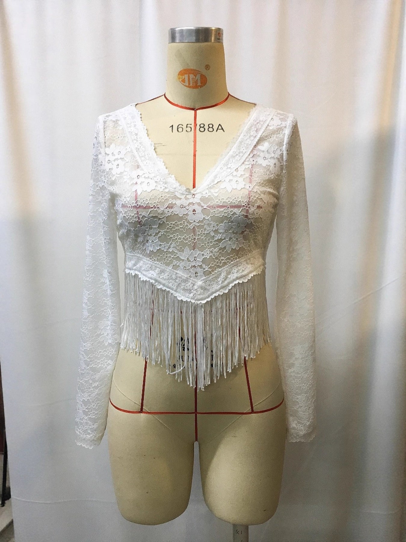 Full Size Fringe Hem Lace Long Sleeve Top Plus Size 