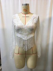 Full Size Fringe Hem Lace Long Sleeve Top Plus Size 