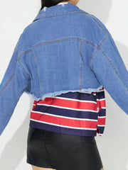 Raw Hem Collared Neck Cropped Denim Top 