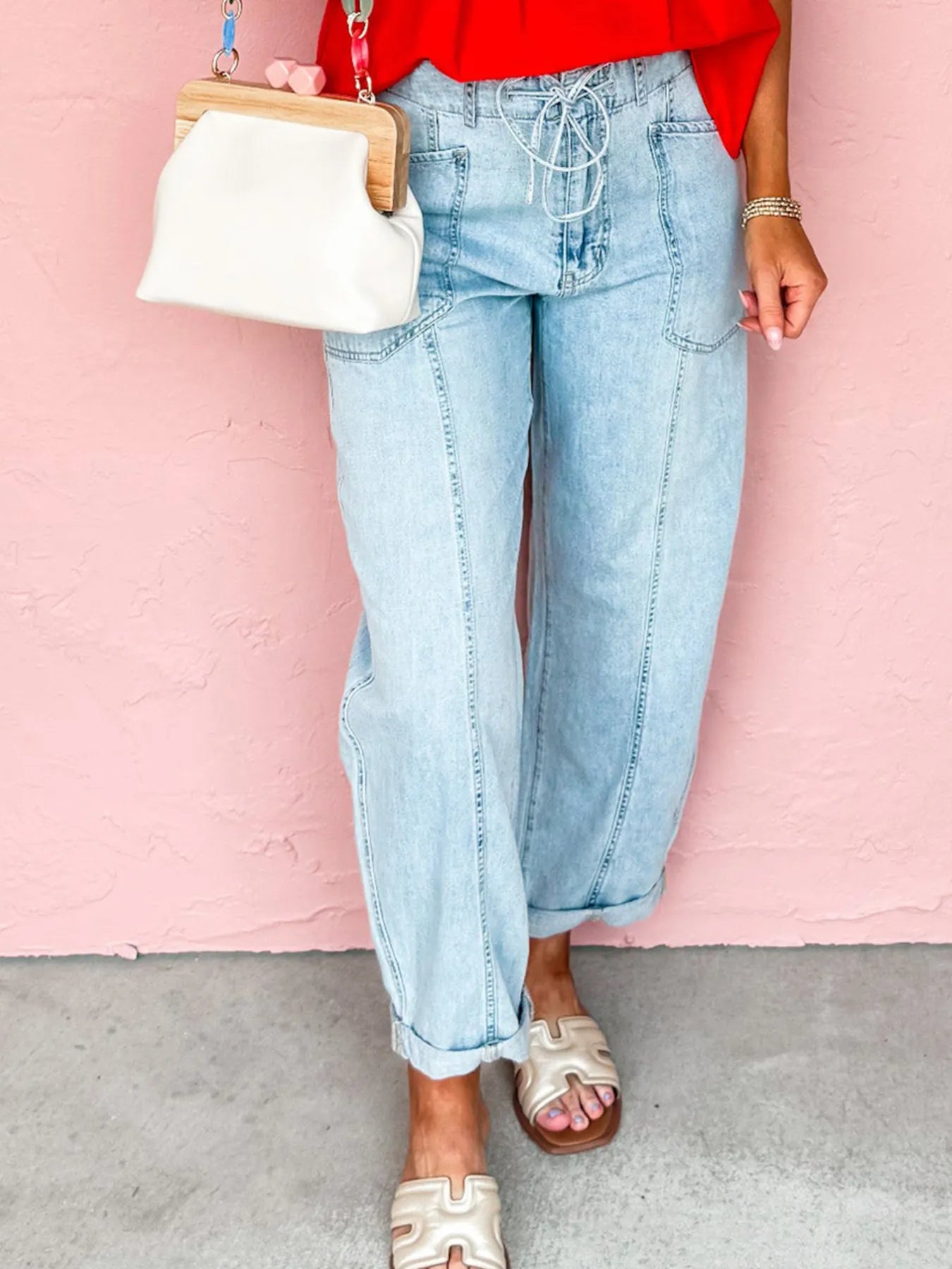 Drawstring Washed Relaxed Fit Boyfriend Jeans 