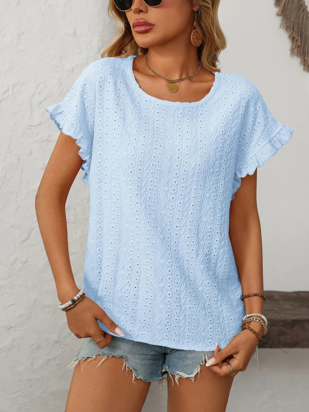 Mandy Eyelet Round Neck Short Sleeve Top 