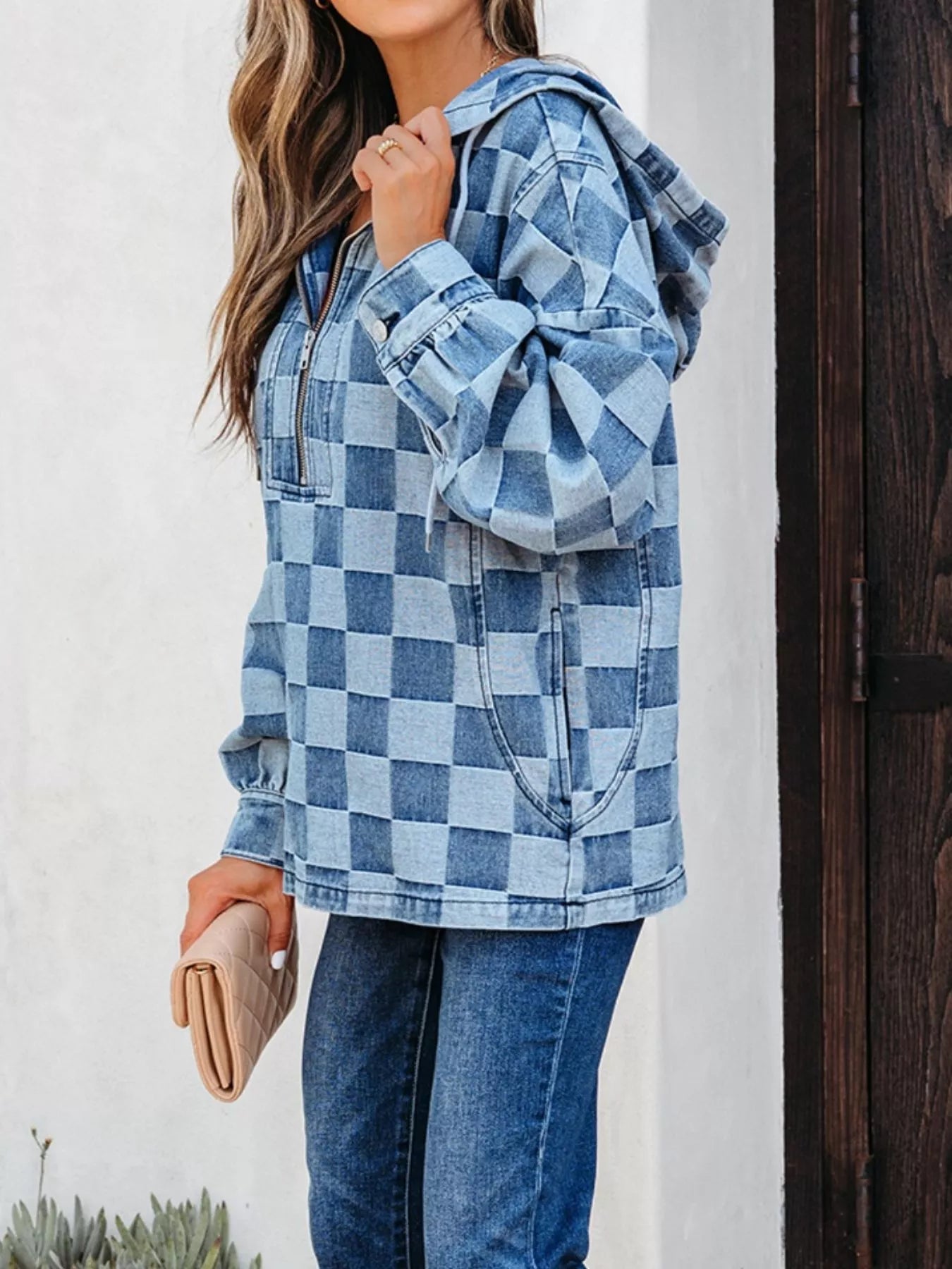 Checkered Half Zip Denim Hoodie Top 