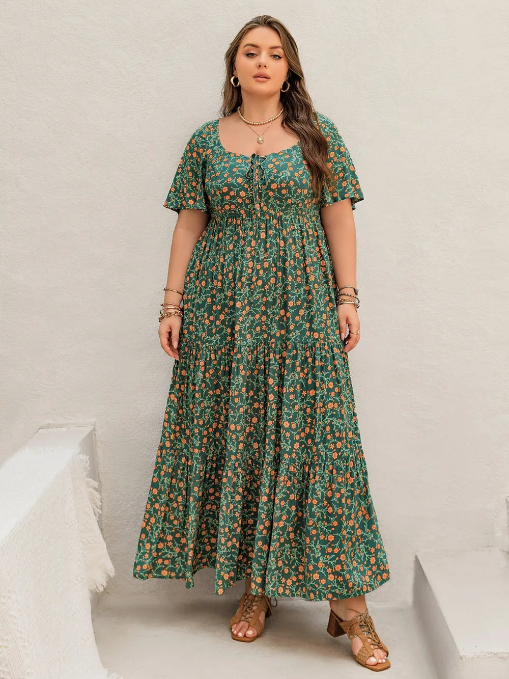 Plus Size Printed Short Sleeve Tiered Maxi Dress 