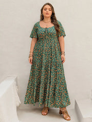 Plus Size Printed Short Sleeve Tiered Maxi Dress 