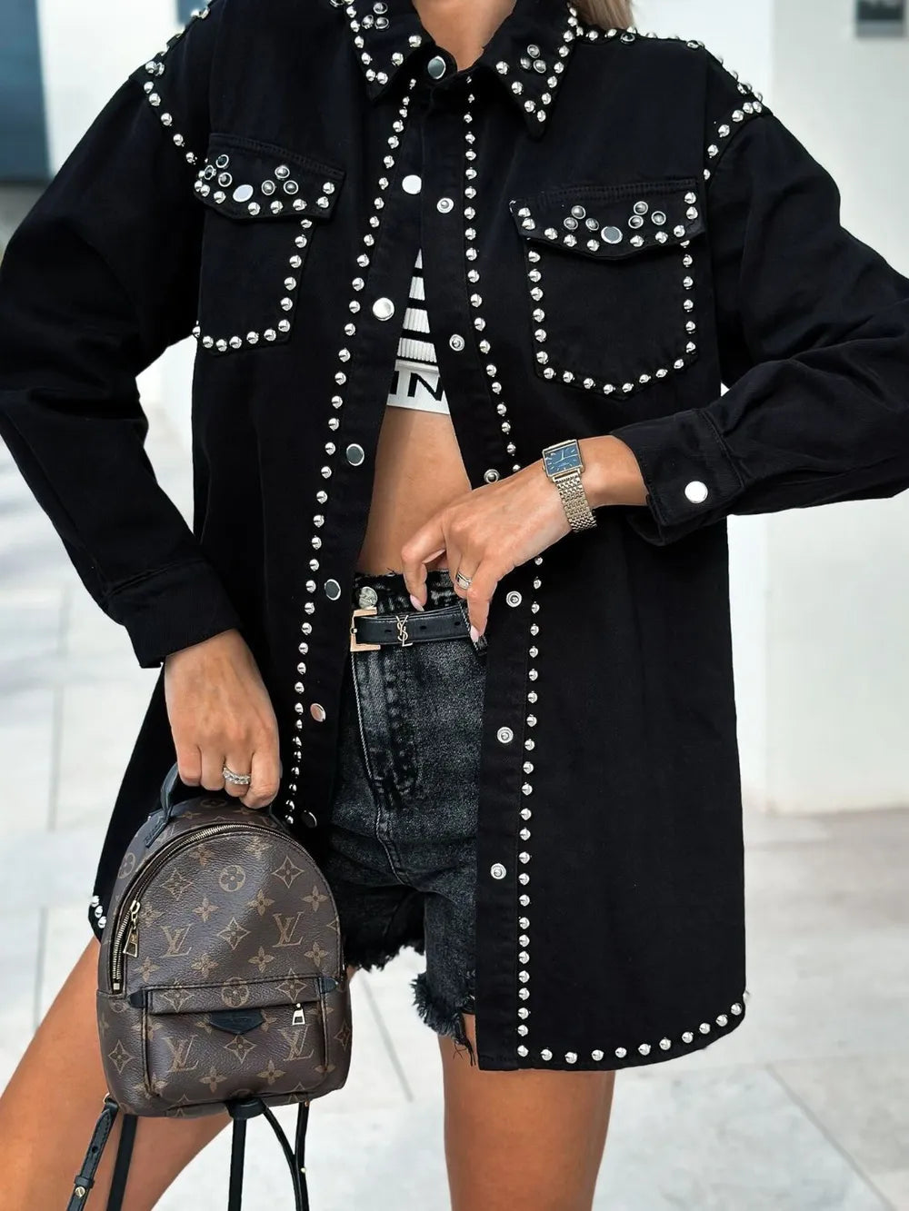 Studded Snap Down Long Sleeve Denim Shacket 