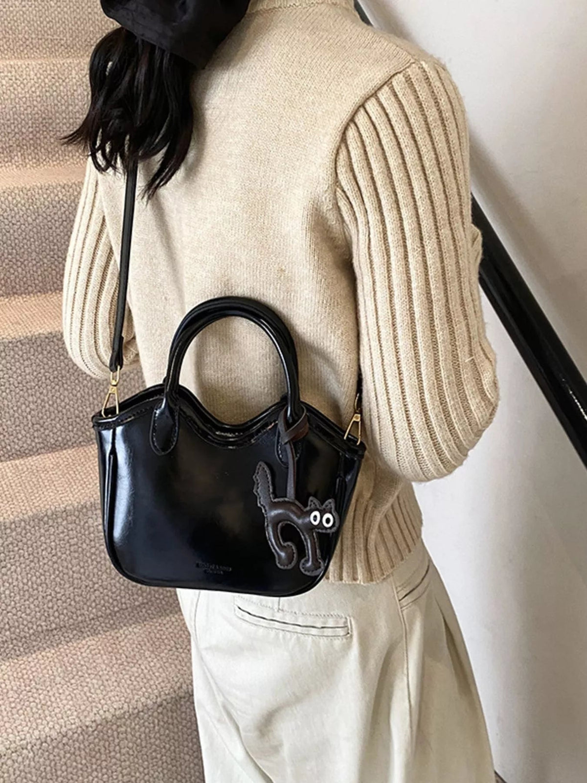 Leather Cat Charm Crossbody Bag 