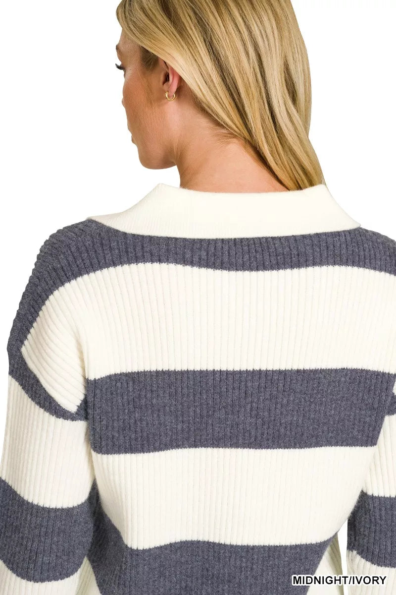Zenana Striped Collared Sweater 
