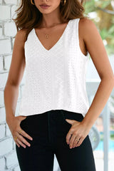 Eyelet Knit Patterned Loose V Neck Tank Top 
