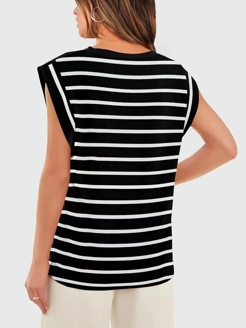 Striped Round Neck Cap Sleeve T-Shirt 