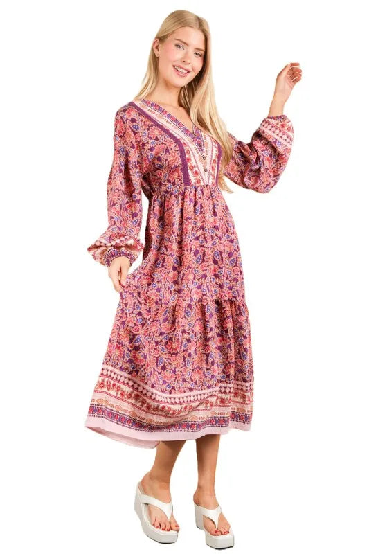 VERY J Floral Printed Boho V-Neck Balloon Sleeve Dress 