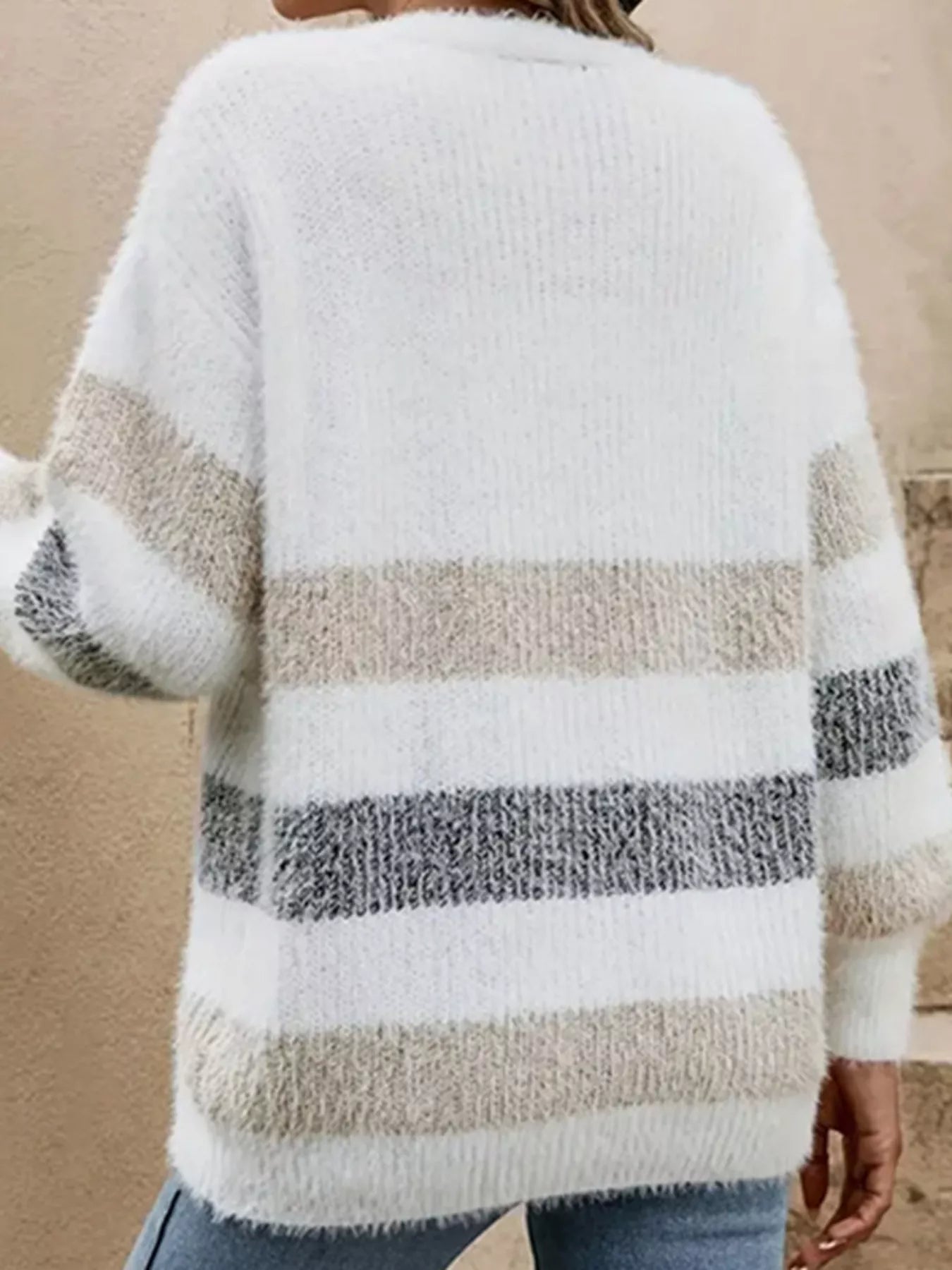 Striped Fuzzy Knit Button-Up Cardigan 