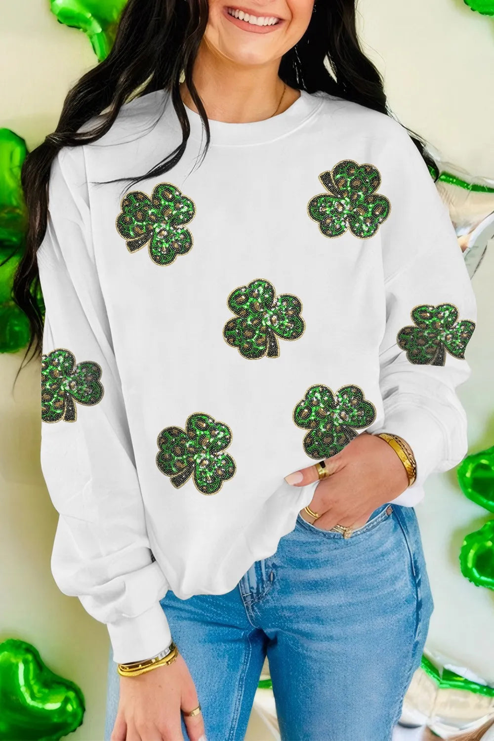 Sequin Lucky Clover Long Sleeve Sweatshirt 
