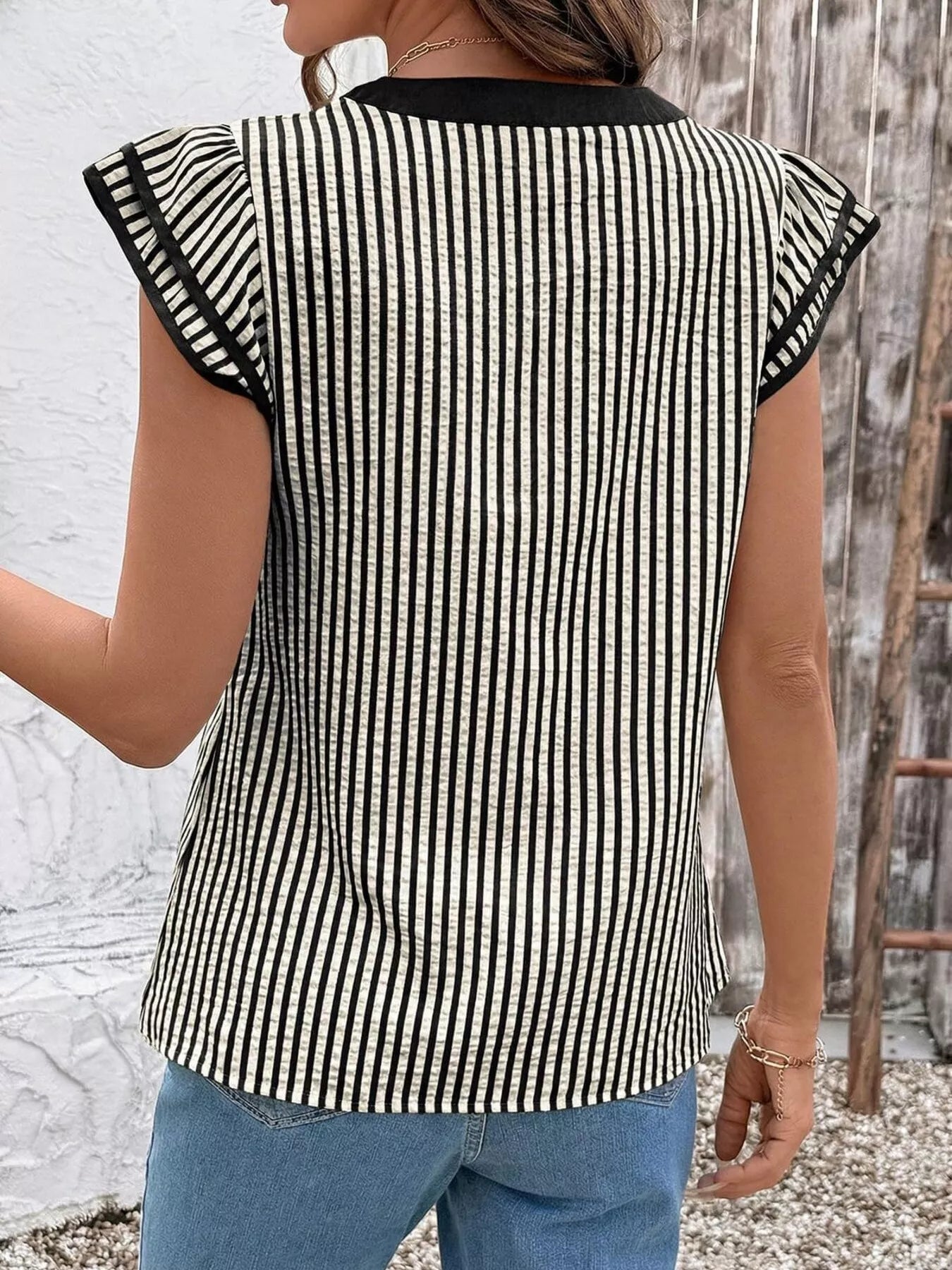 Striped Ruffle Sleeve Blouse 