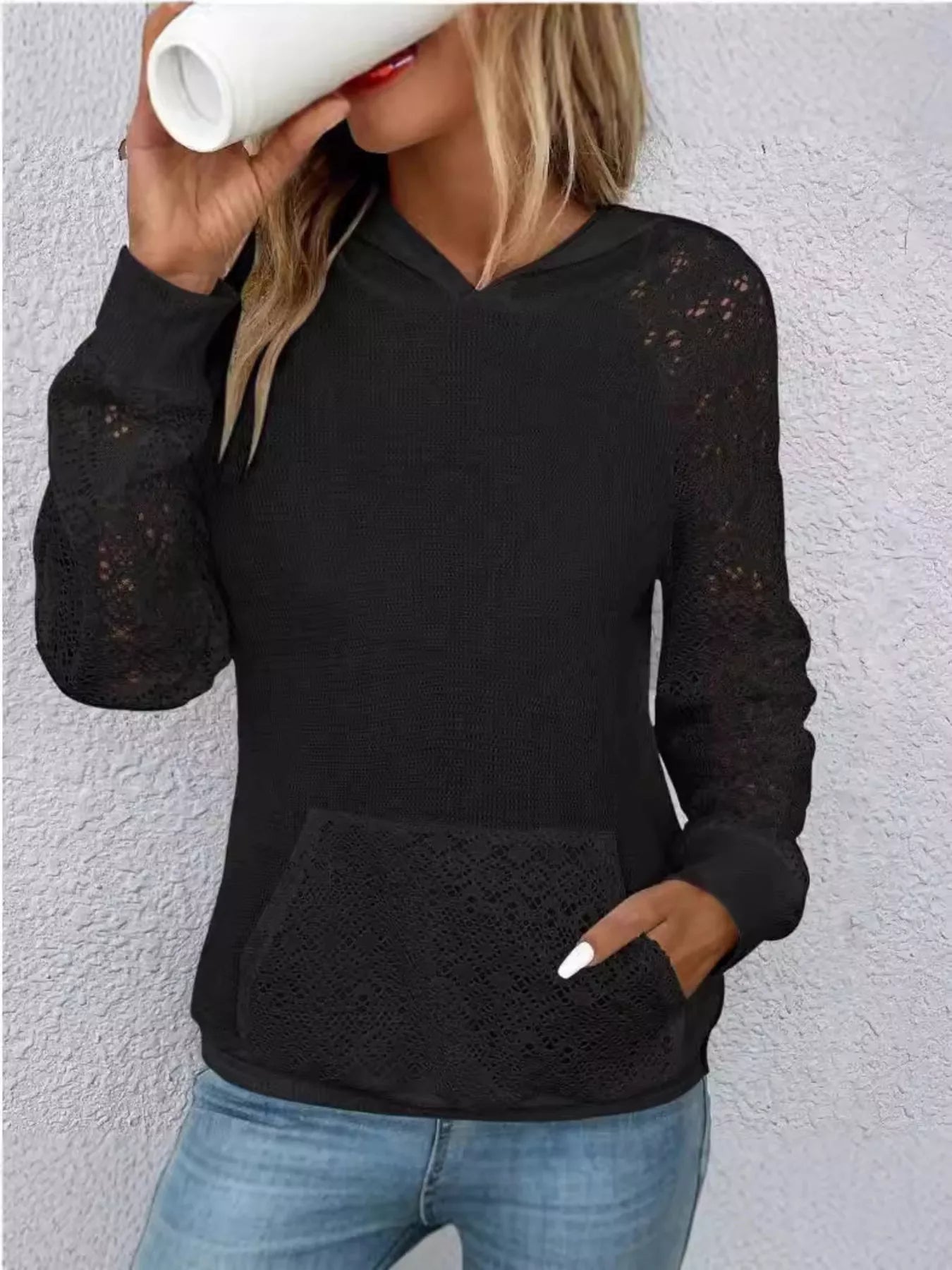 Lace Sleeve Kangaroo Pocket Hoodie 
