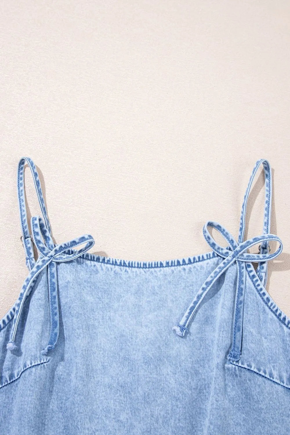 Bow Detail Spaghetti Straps Ruffle Hem Denim Dress 