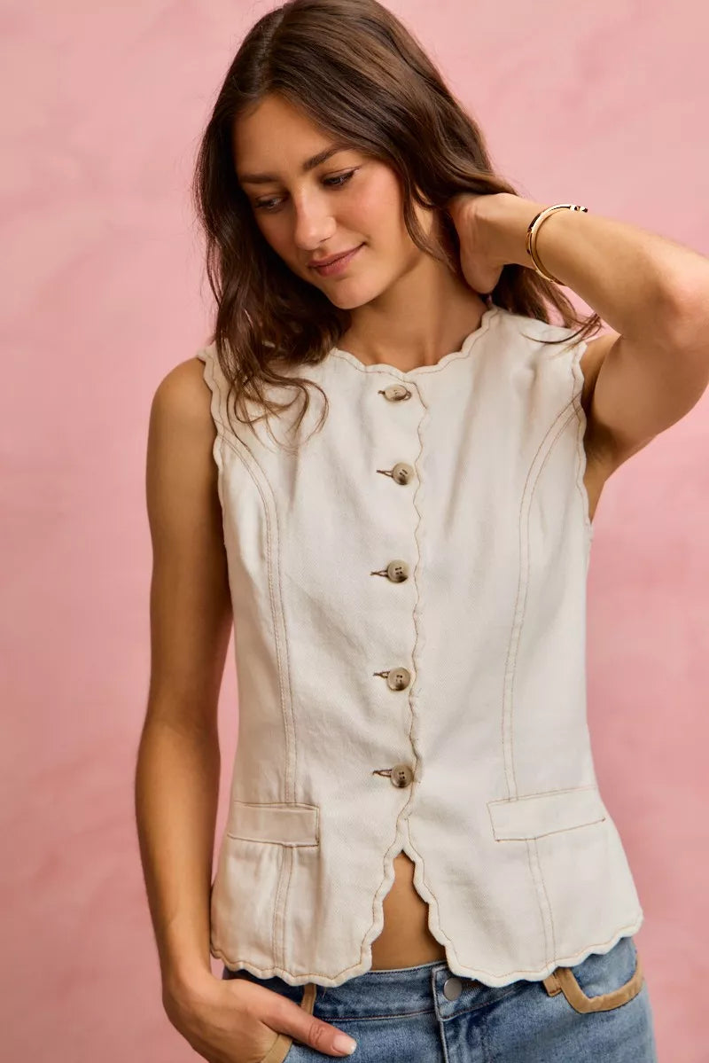 SO ME Scalloped Edge Cotton Twill Washed Vest Top 