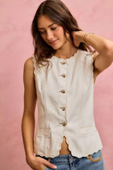 SO ME Scalloped Edge Cotton Twill Washed Vest Top 