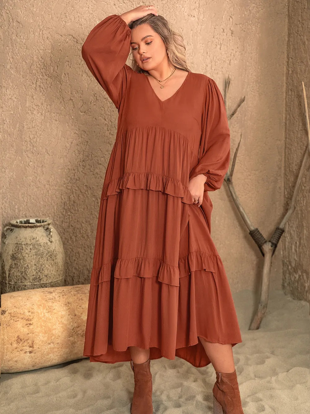 Plus Size Ruffled V-Neck Balloon Sleeve Dress 