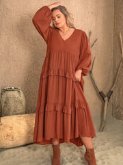 Plus Size Ruffled V-Neck Balloon Sleeve Dress 