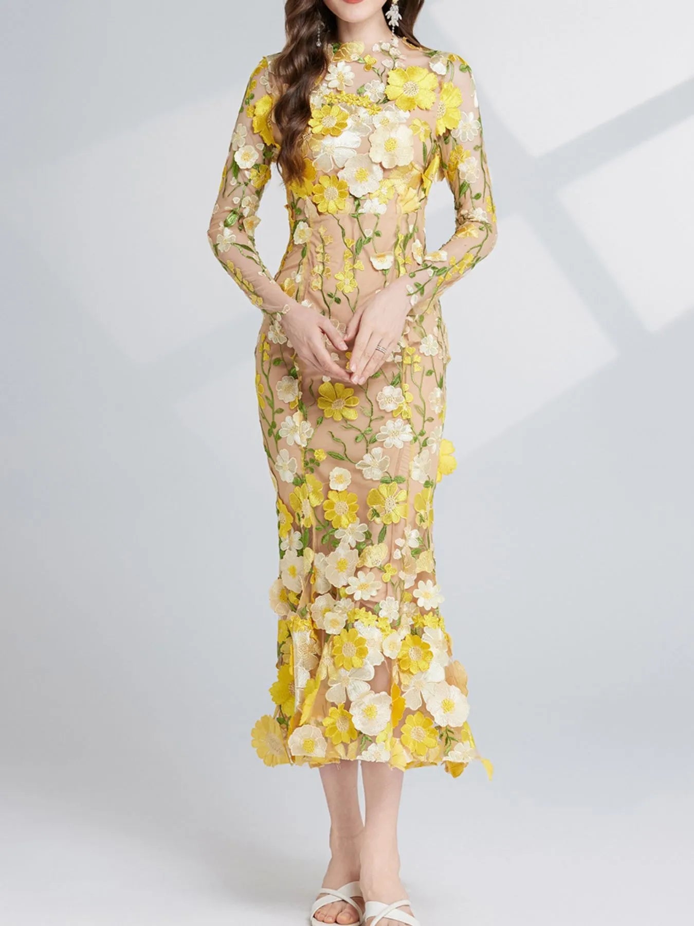 Floral Embroidered Mesh Long Sleeve Midi Dress 