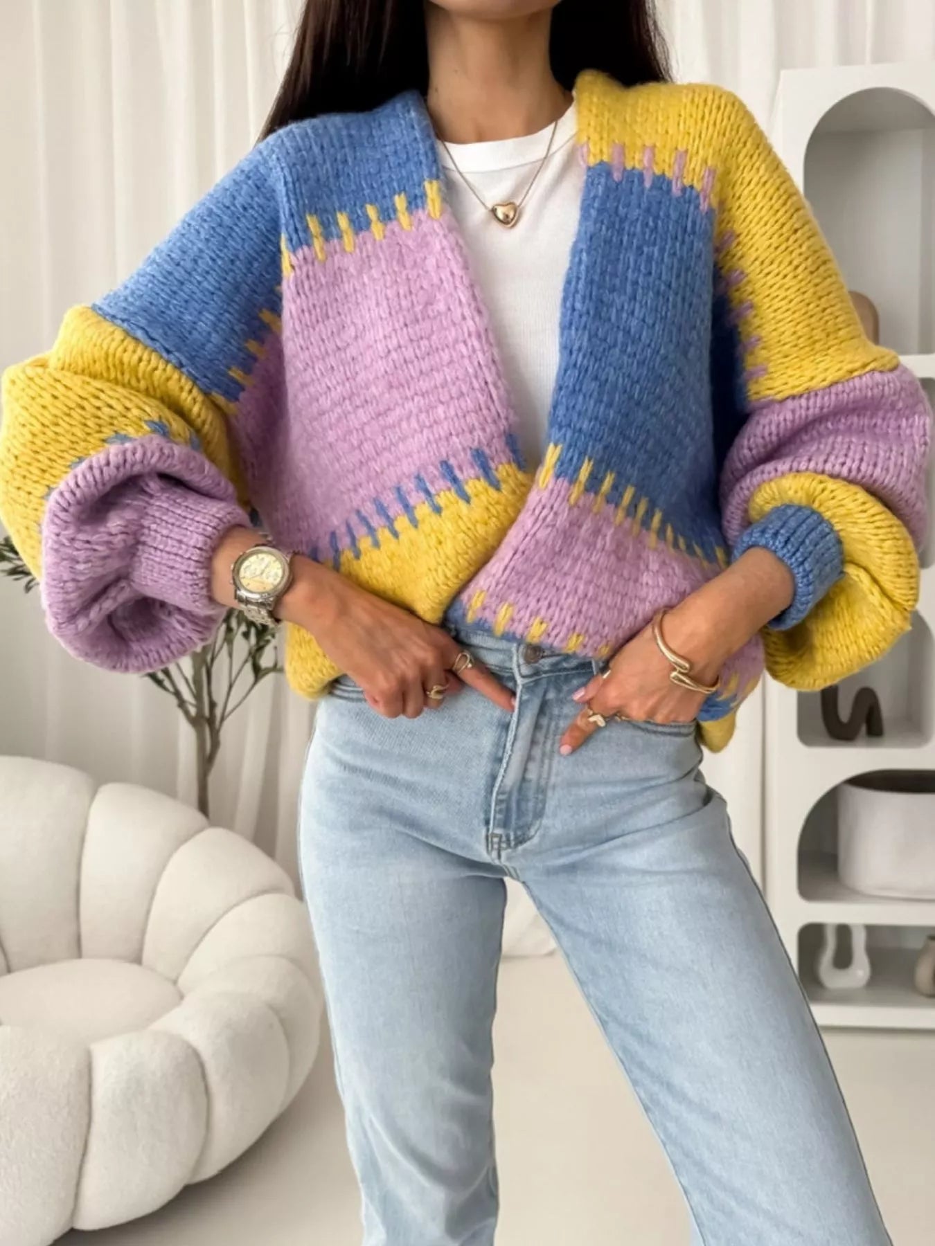 Color Block Open Front Cardigan 