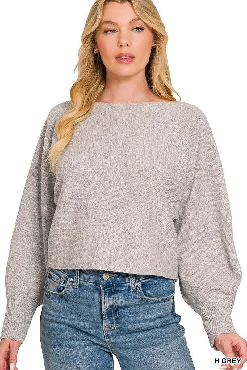 Zenana Boat Neck Balloon Sleeve Sweater 